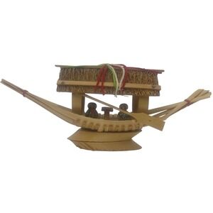 VTG Japanese Folk Art Bamboo Boat Thatched Roof Kokeshi Dolls Decoration 7"